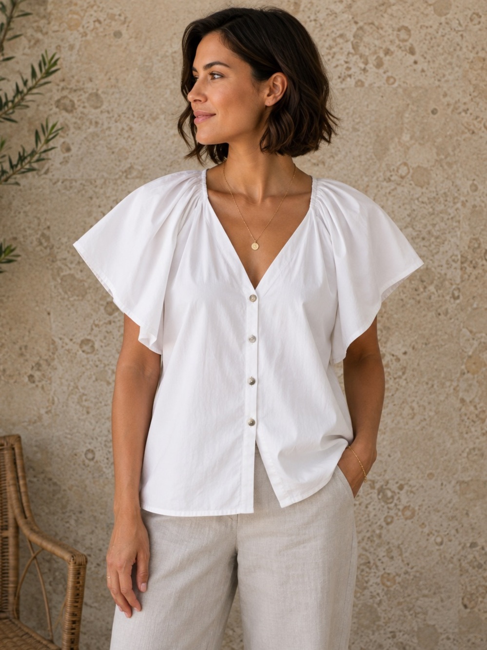 40UR Dreamers White Cotton Flutter Sleeve Button Front Blouse